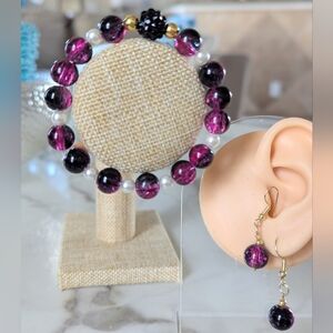 Elegant Purple and Black Beaded Bracelet and Earring Set